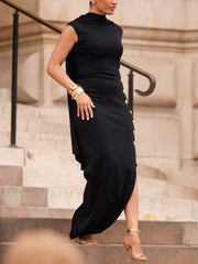 Solid Color Split-Side Loose Sleeveless Shawl Collar Maxi Dresses