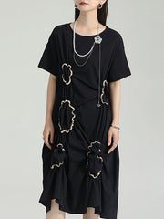 Pleated Pockets Split-Joint A-line High Waisted Round-neck Midi Dresses