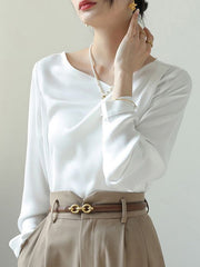 Asymmetric Pleated Solid Color Split-Joint Long Sleeves Loose V-Neck Blouses&Shirts Tops