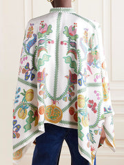 Buttoned Flower Print Batwing Sleeves High-Low Mock Neck Blouses&Shirts Tops