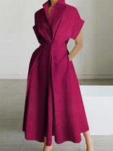 Buttoned Pleated Pockets Solid Color High Waisted Loose Stand Collar Midi Dresses