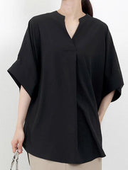 Pleated Solid Color Split-Joint Half Sleeves High-low V-neck Blouses&shirts Tops