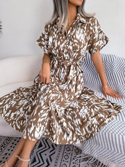 Leopard Ribbed Loose Short Sleeves Lapel Midi Dresses