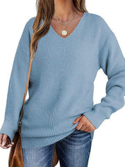 Solid Color Long Sleeves Loose V-Neck Sweater Tops Pullovers