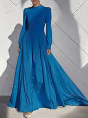 Pleated Solid Color Zipper A-Line High Waisted Mock Neck Maxi Dresses