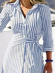 Buttoned Striped Tied Waist High Waisted Long Sleeves V-neck Shirt Dress Maxi Dresses