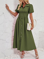 Pleated Split-Joint Loose Puff Sleeves Lapel Shirt Dress Maxi Dresses