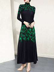 Printed Long Sleeves Mock Neck T-Shirt Top + Pleated A-Line Skirts Bottom Two Pieces Set