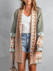Contrast Color Long Sleeves Loose Collarless Cardigan Tops