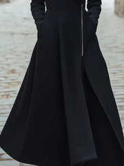 A-Line Long Sleeves Buttoned Pockets Solid Color Zipper Lapel Woolen Coat