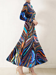 Pleated Long Sleeves Contrast Color Mock Neck T-Shirt Top + Printed A-Line Skirts Bottom Two Pieces Set