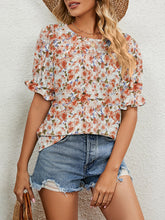 Elasticity Flower Print Ruffle Trim Loose Short Sleeves Round-Neck T-Shirts Tops