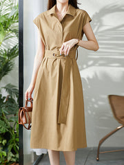 Bandage Solid Color Plus Size Short Sleeves Lapel Midi Dresses