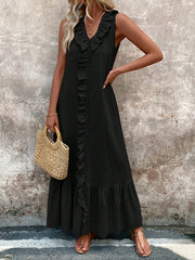 Pleated Ruffle Trim Solid Color A-Line Loose V-Neck Maxi Dresses