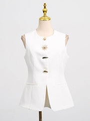 Buttoned Pockets Sleeveless Round-Neck Tank Top