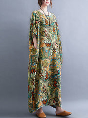 Original Artistic Retro Loose Printed Contrast Color Midi Dress