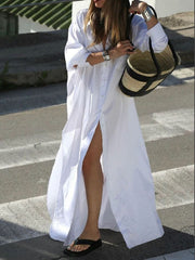 Buttoned Solid Color Split-Side Long Sleeves Loose Lapel Shirt Dress Maxi Dresses