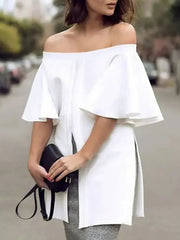 Elasticity Solid Color Split-front Split-side Flared Sleeves Half Sleeves Off-the-shoulder Blouses&shirts Tops