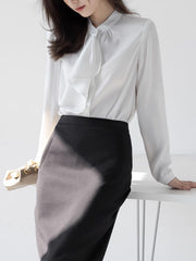 Buttoned Pleated Ribbon Solid Color Long Sleeves Loose Mock Neck Blouses&Shirts Tops