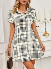 Buttoned Contrast Color Plaid Pleated High Waisted Short Sleeves Lapel Shirt Dress Mini Dresses