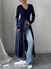 Buttoned Solid Color Split-Front Long Sleeves Skinny V-Neck T-Shirts