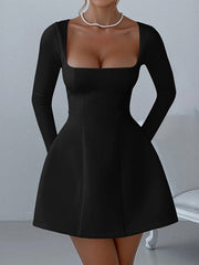 Solid Color Zipper A-Line Bodycon Square-Neck Mini Dresses