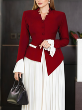 Elasticated Waist Flared Sleeves Asymmetric Belted Buttoned Contrast Color Split-Joint Stand Collar Blouses&Shirts Tops