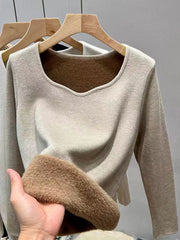 Keep Warm Solid Color Velvet Long Sleeves Skinny V-Neck T-Shirts Tops