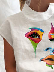 Figure Printed Loose Short Sleeves High Neck T-Shirts Tops