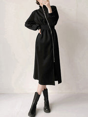 Asymmetric Split-Front Zipper Long Sleeves High Neck Midi Dresses