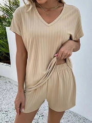 Solid Color Short Sleeves T-shirt + Shorts Pajama Sets