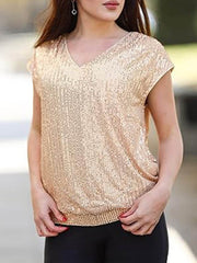 Sequined Solid Color Loose Raglan Sleeve V-Neck T-Shirts Tops