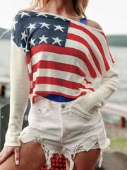 Split-Joint Striped Long Sleeves Loose Round-Neck Sweater Tops Pullovers