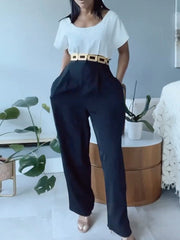 Contrast Color Split-Joint Loose Short Sleeves Round-Neck Jumpsuits