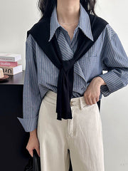 Asymmetric Split-Joint Striped Long Sleeves Loose Lapel Blouses
