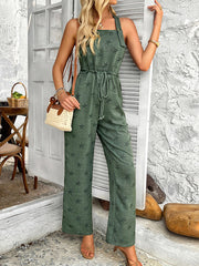 Buttoned Drawstring Pockets Printed Sleeveless Spaghetti-Neck Jumpsuits