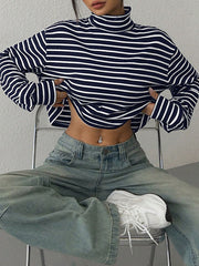 Contrast Color Split-Joint Striped Long Sleeves Loose High Neck T-Shirts Tops