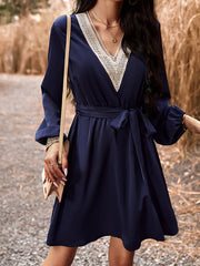 Elasticity Hollow Split-Joint Tied Waist Long Sleeves Loose V-Neck Mini Dresses