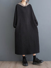 Hooded Quilted Split-Side A-Line Long Sleeves Midi Dresses