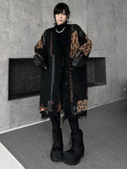 Asymmetric Buttoned Contrast Color Leopard Pockets Split-Joint Hipster Long Sleeves V-Neck Cardigan Tops