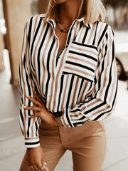 Buttoned Contrast Color Pockets Striped Long Sleeves Loose Lapel Blouses&Shirts Tops