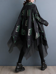 Buttoned Letter Print Mesh Split-Joint A-Line Long Sleeves Lapel Shirt Dress Midi Dresses