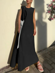 Asymmetric Contrast Color Split-Side Tied Loose Sleeveless Round-Neck Maxi Dresses