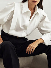 Buttoned Solid Color Long Sleeves Loose Lapel Blouses&Shirts Tops