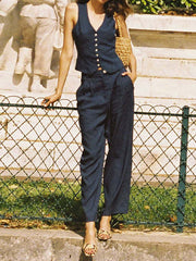 Solid Color Buttoned Deep V-Neck Sleeveless Vest Top + Pleated Straight Leg Pants Bottom Two Pieces Set