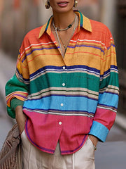 Long Sleeves Loose Buttoned Contrast Color Lapel Blouses&Shirts Tops