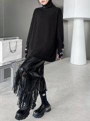 Letter Print Split-Joint Long Sleeves Loose High Neck T-Shirts
