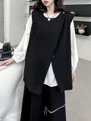 Asymmetric Zipper Loose Sleeveless Round-Neck Vest Top