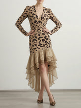 Bodycon High-Low Contrast Color Leopard Ruffled Split-Joint Deep V-Neck Midi Dresses