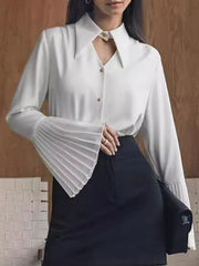 Buttoned Hollow Pleated Split-Joint Flared Sleeves Long Sleeves Lapel Blouses&Shirts Tops